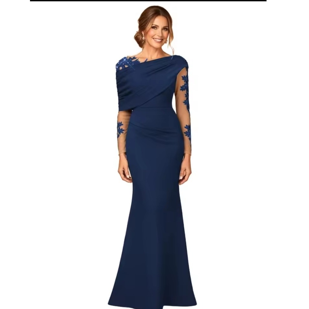 NWT sheer lace Appliqué illusion sleeves asymmetrical shoulder long dress MOTB